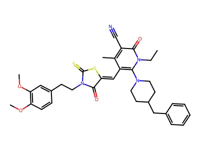 6-(4-Benzylpiperidin-1-yl)-5-({3-[2-(3,4-dimethoxyphenyl)ethyl]-4-oxo-2-sulfanylidene-1,3-thiazolidin-5-ylidene}methyl)-1-ethyl-4-methyl-2-oxo-1,2-dihydropyridine-3-carbonitrile structure