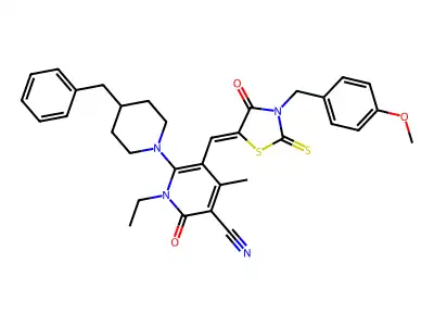 6-(4-Benzylpiperidin-1-yl)-1-ethyl-5-({3-[(4-methoxyphenyl)methyl]-4-oxo-2-sulfanylidene-1,3-thiazolidin-5-ylidene}methyl)-4-methyl-2-oxo-1,2-dihydropyridine-3-carbonitrile structure