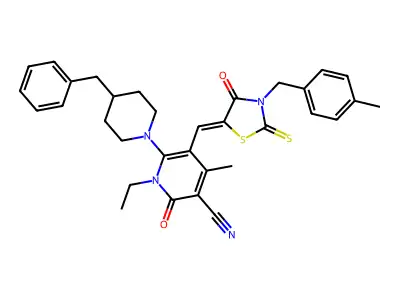 6-(4-Benzylpiperidin-1-yl)-1-ethyl-4-methyl-5-({3-[(4-methylphenyl)methyl]-4-oxo-2-sulfanylidene-1,3-thiazolidin-5-ylidene}methyl)-2-oxo-1,2-dihydropyridine-3-carbonitrile structure