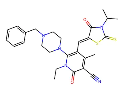 6-(4-Benzylpiperazin-1-yl)-1-ethyl-4-methyl-2-oxo-5-{[4-oxo-3-(propan-2-yl)-2-sulfanylidene-1,3-thiazolidin-5-ylidene]methyl}-1,2-dihydropyridine-3-carbonitrile structure