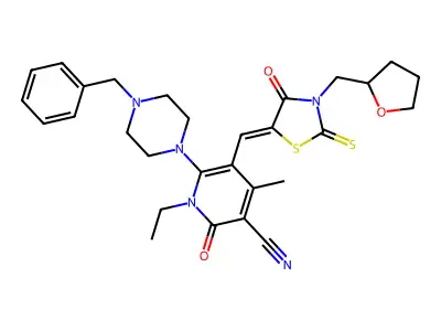 6-(4-benzylpiperazin-1-yl)-1-ethyl-4-methyl-2-oxo-5-[[4-oxo-3-(oxolan-2-ylmethyl)-2-sulfanylidene-1,3-thiazolidin-5-ylidene]methyl]pyridine-3-carbonitrile structure