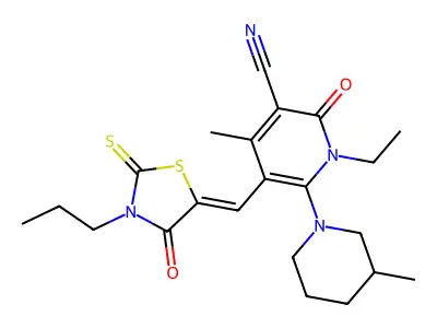 1-Ethyl-4-methyl-6-(3-methylpiperidin-1-yl)-2-oxo-5-[(4-oxo-3-propyl-2-sulfanylidene-1,3-thiazolidin-5-ylidene)methyl]-1,2-dihydropyridine-3-carbonitrile structure