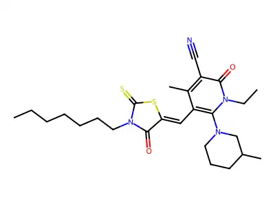 1-Ethyl-5-[(3-heptyl-4-oxo-2-sulfanylidene-1,3-thiazolidin-5-ylidene)methyl]-4-methyl-6-(3-methylpiperidin-1-yl)-2-oxo-1,2-dihydropyridine-3-carbonitrile structure