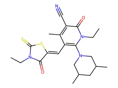 6-(3,5-Dimethylpiperidin-1-yl)-1-ethyl-5-[(3-ethyl-4-oxo-2-sulfanylidene-1,3-thiazolidin-5-ylidene)methyl]-4-methyl-2-oxo-1,2-dihydropyridine-3-carbonitrile structure