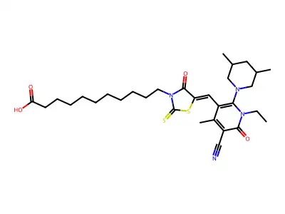 11-(5-{[5-Cyano-2-(3,5-dimethylpiperidin-1-yl)-1-ethyl-4-methyl-6-oxo-1,6-dihydropyridin-3-yl]methylidene}-4-oxo-2-sulfanylidene-1,3-thiazolidin-3-yl)undecanoic acid structure