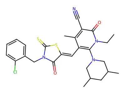 5-[[3-[(2-chlorophenyl)methyl]-4-oxo-2-sulfanylidene-1,3-thiazolidin-5-ylidene]methyl]-6-(3,5-dimethylpiperidin-1-yl)-1-ethyl-4-methyl-2-oxopyridine-3-carbonitrile structure
