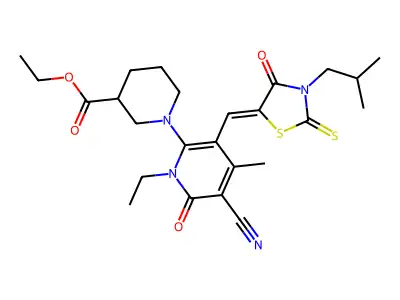 ethyl 1-[5-cyano-1-ethyl-4-methyl-3-[[3-(2-methylpropyl)-4-oxo-2-sulfanylidene-1,3-thiazolidin-5-ylidene]methyl]-6-oxopyridin-2-yl]piperidine-3-carboxylate structure