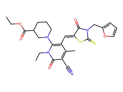 Ethyl 1-[5-cyano-1-ethyl-3-({3-[(furan-2-yl)methyl]-4-oxo-2-sulfanylidene-1,3-thiazolidin-5-ylidene}methyl)-4-methyl-6-oxo-1,6-dihydropyridin-2-yl]piperidine-3-carboxylate structure