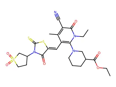 Ethyl 1-(5-cyano-3-{[3-(1,1-dioxo-1lambda~6~-thiolan-3-yl)-4-oxo-2-sulfanylidene-1,3-thiazolidin-5-ylidene]methyl}-1-ethyl-4-methyl-6-oxo-1,6-dihydropyridin-2-yl)piperidine-3-carboxylate structure