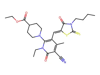 Ethyl 1-{3-[(3-butyl-4-oxo-2-sulfanylidene-1,3-thiazolidin-5-ylidene)methyl]-5-cyano-1-ethyl-4-methyl-6-oxo-1,6-dihydropyridin-2-yl}piperidine-4-carboxylate structure