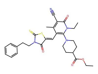 Ethyl 1-(5-cyano-1-ethyl-4-methyl-6-oxo-3-{[4-oxo-3-(2-phenylethyl)-2-sulfanylidene-1,3-thiazolidin-5-ylidene]methyl}-1,6-dihydropyridin-2-yl)piperidine-4-carboxylate structure