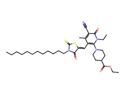 Ethyl 1-{5-cyano-3-[(3-dodecyl-4-oxo-2-sulfanylidene-1,3-thiazolidin-5-ylidene)methyl]-1-ethyl-4-methyl-6-oxo-1,6-dihydropyridin-2-yl}piperidine-4-carboxylate structure