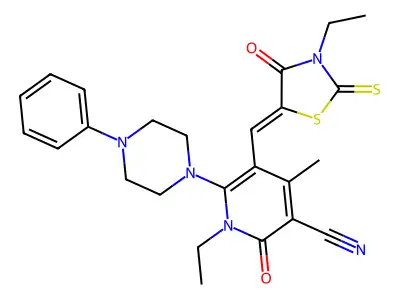 1-Ethyl-5-[(3-ethyl-4-oxo-2-sulfanylidene-1,3-thiazolidin-5-ylidene)methyl]-4-methyl-2-oxo-6-(4-phenylpiperazin-1-yl)-1,2-dihydropyridine-3-carbonitrile structure