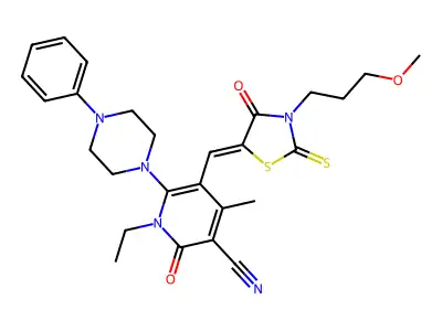 1-Ethyl-5-{[3-(3-methoxypropyl)-4-oxo-2-sulfanylidene-1,3-thiazolidin-5-ylidene]methyl}-4-methyl-2-oxo-6-(4-phenylpiperazin-1-yl)-1,2-dihydropyridine-3-carbonitrile structure