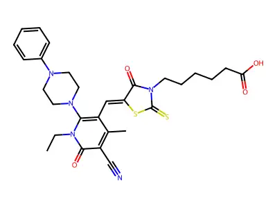 6-[5-[[5-cyano-1-ethyl-4-methyl-6-oxo-2-(4-phenylpiperazin-1-yl)pyridin-3-yl]methylidene]-4-oxo-2-sulfanylidene-1,3-thiazolidin-3-yl]hexanoic acid structure
