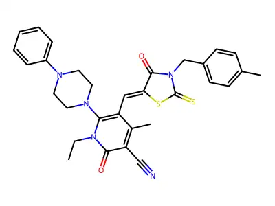 1-ethyl-4-methyl-5-[[3-[(4-methylphenyl)methyl]-4-oxo-2-sulfanylidene-1,3-thiazolidin-5-ylidene]methyl]-2-oxo-6-(4-phenylpiperazin-1-yl)pyridine-3-carbonitrile structure