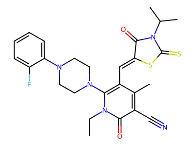 1-ethyl-6-[4-(2-fluorophenyl)piperazin-1-yl]-4-methyl-2-oxo-5-[(4-oxo-3-propan-2-yl-2-sulfanylidene-1,3-thiazolidin-5-ylidene)methyl]pyridine-3-carbonitrile structure