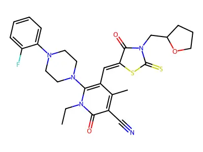 1-Ethyl-6-[4-(2-fluorophenyl)piperazin-1-yl]-4-methyl-2-oxo-5-({4-oxo-3-[(oxolan-2-yl)methyl]-2-sulfanylidene-1,3-thiazolidin-5-ylidene}methyl)-1,2-dihydropyridine-3-carbonitrile structure