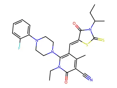 5-[(3-butan-2-yl-4-oxo-2-sulfanylidene-1,3-thiazolidin-5-ylidene)methyl]-1-ethyl-6-[4-(2-fluorophenyl)piperazin-1-yl]-4-methyl-2-oxopyridine-3-carbonitrile structure