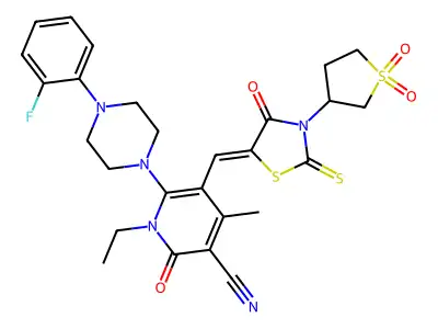 5-[[3-(1,1-dioxothiolan-3-yl)-4-oxo-2-sulfanylidene-1,3-thiazolidin-5-ylidene]methyl]-1-ethyl-6-[4-(2-fluorophenyl)piperazin-1-yl]-4-methyl-2-oxopyridine-3-carbonitrile structure