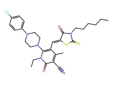 1-Ethyl-6-[4-(4-fluorophenyl)piperazin-1-yl]-5-[(3-hexyl-4-oxo-2-sulfanylidene-1,3-thiazolidin-5-ylidene)methyl]-4-methyl-2-oxo-1,2-dihydropyridine-3-carbonitrile structure