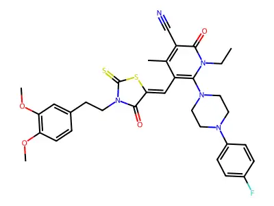 5-({3-[2-(3,4-Dimethoxyphenyl)ethyl]-4-oxo-2-sulfanylidene-1,3-thiazolidin-5-ylidene}methyl)-1-ethyl-6-[4-(4-fluorophenyl)piperazin-1-yl]-4-methyl-2-oxo-1,2-dihydropyridine-3-carbonitrile structure