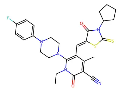 5-[(3-cyclopentyl-4-oxo-2-sulfanylidene-1,3-thiazolidin-5-ylidene)methyl]-1-ethyl-6-[4-(4-fluorophenyl)piperazin-1-yl]-4-methyl-2-oxopyridine-3-carbonitrile structure