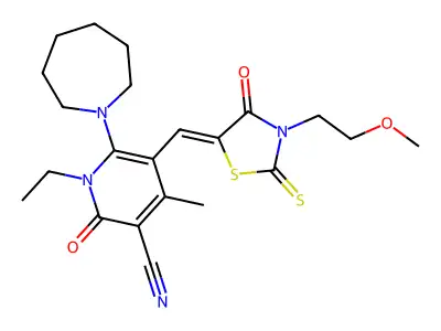 6-(azepan-1-yl)-1-ethyl-5-[[3-(2-methoxyethyl)-4-oxo-2-sulfanylidene-1,3-thiazolidin-5-ylidene]methyl]-4-methyl-2-oxopyridine-3-carbonitrile structure