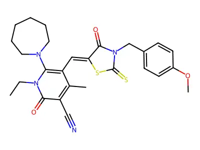 6-(Azepan-1-yl)-1-ethyl-5-({3-[(4-methoxyphenyl)methyl]-4-oxo-2-sulfanylidene-1,3-thiazolidin-5-ylidene}methyl)-4-methyl-2-oxo-1,2-dihydropyridine-3-carbonitrile structure