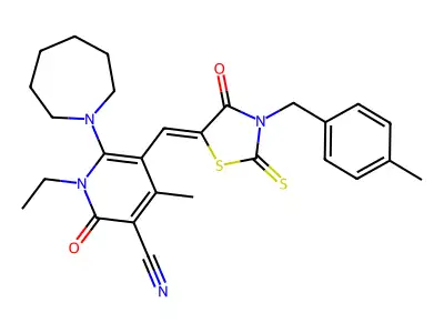 6-(Azepan-1-yl)-1-ethyl-4-methyl-5-({3-[(4-methylphenyl)methyl]-4-oxo-2-sulfanylidene-1,3-thiazolidin-5-ylidene}methyl)-2-oxo-1,2-dihydropyridine-3-carbonitrile structure