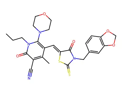 5-({3-[(2H-1,3-Benzodioxol-5-yl)methyl]-4-oxo-2-sulfanylidene-1,3-thiazolidin-5-ylidene}methyl)-4-methyl-6-(morpholin-4-yl)-2-oxo-1-propyl-1,2-dihydropyridine-3-carbonitrile structure