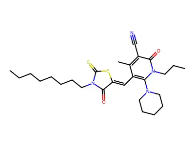 4-methyl-5-[(3-octyl-4-oxo-2-sulfanylidene-1,3-thiazolidin-5-ylidene)methyl]-2-oxo-6-piperidin-1-yl-1-propylpyridine-3-carbonitrile structure