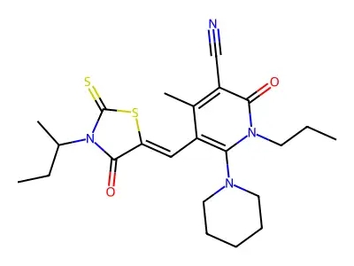 5-[(3-butan-2-yl-4-oxo-2-sulfanylidene-1,3-thiazolidin-5-ylidene)methyl]-4-methyl-2-oxo-6-piperidin-1-yl-1-propylpyridine-3-carbonitrile structure