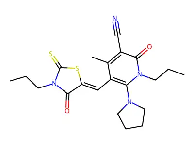 4-methyl-2-oxo-5-[(4-oxo-3-propyl-2-sulfanylidene-1,3-thiazolidin-5-ylidene)methyl]-1-propyl-6-pyrrolidin-1-ylpyridine-3-carbonitrile structure