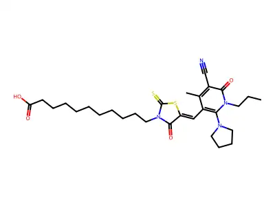 11-[5-[(5-cyano-4-methyl-6-oxo-1-propyl-2-pyrrolidin-1-ylpyridin-3-yl)methylidene]-4-oxo-2-sulfanylidene-1,3-thiazolidin-3-yl]undecanoic acid structure