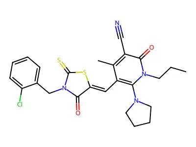 5-({3-[(2-Chlorophenyl)methyl]-4-oxo-2-sulfanylidene-1,3-thiazolidin-5-ylidene}methyl)-4-methyl-2-oxo-1-propyl-6-(pyrrolidin-1-yl)-1,2-dihydropyridine-3-carbonitrile structure
