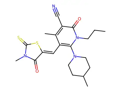 4-methyl-5-[(3-methyl-4-oxo-2-sulfanylidene-1,3-thiazolidin-5-ylidene)methyl]-6-(4-methylpiperidin-1-yl)-2-oxo-1-propylpyridine-3-carbonitrile structure