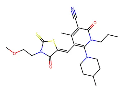 5-{[3-(2-Methoxyethyl)-4-oxo-2-sulfanylidene-1,3-thiazolidin-5-ylidene]methyl}-4-methyl-6-(4-methylpiperidin-1-yl)-2-oxo-1-propyl-1,2-dihydropyridine-3-carbonitrile structure