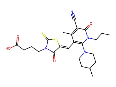 4-[5-[[5-cyano-4-methyl-2-(4-methylpiperidin-1-yl)-6-oxo-1-propylpyridin-3-yl]methylidene]-4-oxo-2-sulfanylidene-1,3-thiazolidin-3-yl]butanoic acid structure