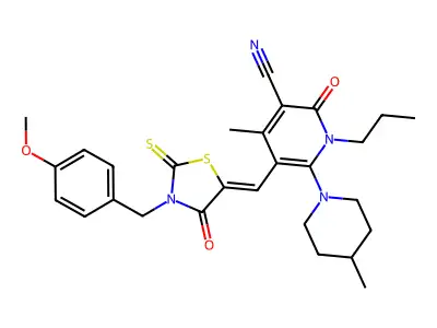 5-({3-[(4-Methoxyphenyl)methyl]-4-oxo-2-sulfanylidene-1,3-thiazolidin-5-ylidene}methyl)-4-methyl-6-(4-methylpiperidin-1-yl)-2-oxo-1-propyl-1,2-dihydropyridine-3-carbonitrile structure
