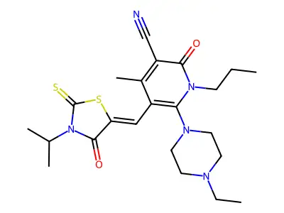 6-(4-Ethylpiperazin-1-yl)-4-methyl-2-oxo-5-{[4-oxo-3-(propan-2-yl)-2-sulfanylidene-1,3-thiazolidin-5-ylidene]methyl}-1-propyl-1,2-dihydropyridine-3-carbonitrile structure