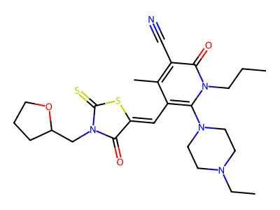 6-(4-Ethylpiperazin-1-yl)-4-methyl-2-oxo-5-({4-oxo-3-[(oxolan-2-yl)methyl]-2-sulfanylidene-1,3-thiazolidin-5-ylidene}methyl)-1-propyl-1,2-dihydropyridine-3-carbonitrile structure