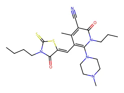 5-[(3-butyl-4-oxo-2-sulfanylidene-1,3-thiazolidin-5-ylidene)methyl]-4-methyl-6-(4-methylpiperazin-1-yl)-2-oxo-1-propylpyridine-3-carbonitrile structure