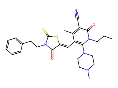 4-methyl-6-(4-methylpiperazin-1-yl)-2-oxo-5-[(4-oxo-3-phenethyl-2-sulfanylidene-1,3-thiazolidin-5-ylidene)methyl]-1-propylpyridine-3-carbonitrile structure