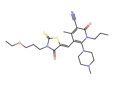 5-[[3-(3-ethoxypropyl)-4-oxo-2-sulfanylidene-1,3-thiazolidin-5-ylidene]methyl]-4-methyl-6-(4-methylpiperazin-1-yl)-2-oxo-1-propylpyridine-3-carbonitrile structure