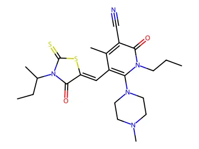 5-{[3-(Butan-2-yl)-4-oxo-2-sulfanylidene-1,3-thiazolidin-5-ylidene]methyl}-4-methyl-6-(4-methylpiperazin-1-yl)-2-oxo-1-propyl-1,2-dihydropyridine-3-carbonitrile structure