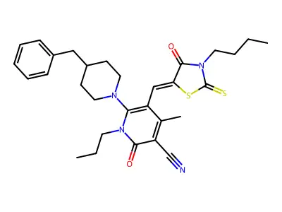 6-(4-benzylpiperidin-1-yl)-5-[(3-butyl-4-oxo-2-sulfanylidene-1,3-thiazolidin-5-ylidene)methyl]-4-methyl-2-oxo-1-propylpyridine-3-carbonitrile structure