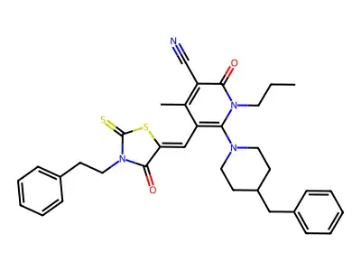 6-(4-Benzylpiperidin-1-yl)-4-methyl-2-oxo-5-{[4-oxo-3-(2-phenylethyl)-2-sulfanylidene-1,3-thiazolidin-5-ylidene]methyl}-1-propyl-1,2-dihydropyridine-3-carbonitrile structure