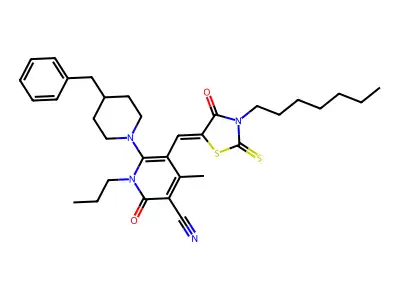 6-(4-Benzylpiperidin-1-yl)-5-[(3-heptyl-4-oxo-2-sulfanylidene-1,3-thiazolidin-5-ylidene)methyl]-4-methyl-2-oxo-1-propyl-1,2-dihydropyridine-3-carbonitrile structure