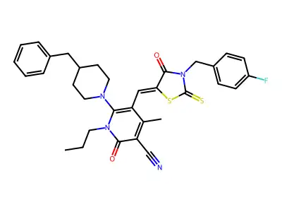6-(4-Benzylpiperidin-1-yl)-5-({3-[(4-fluorophenyl)methyl]-4-oxo-2-sulfanylidene-1,3-thiazolidin-5-ylidene}methyl)-4-methyl-2-oxo-1-propyl-1,2-dihydropyridine-3-carbonitrile structure